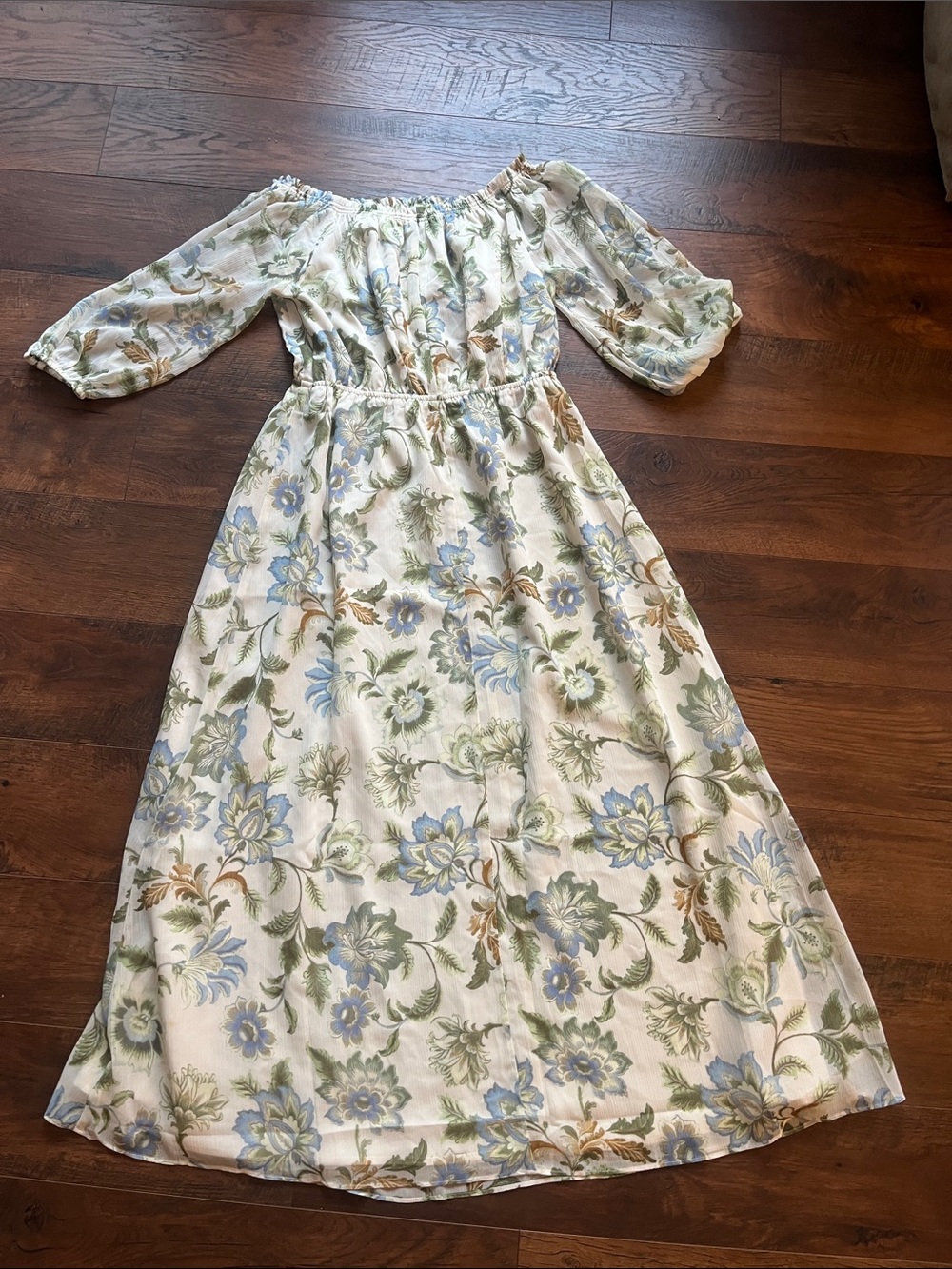 LOFT Off-Shoulder Floral Midi Dress in Cream, Blue, and Green